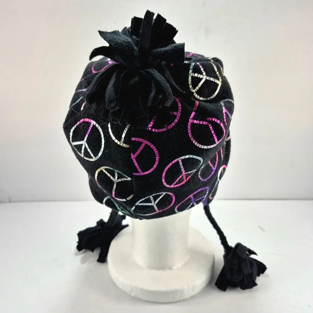 The Children's Place Black Fleece Earflap Winter Hat w/ Iridescent Peace Signs